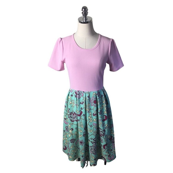 LulaRoe Size Medium Amelia Dress Pink Top Aqua Background with Floral Print NEW - Picture 1 of 8